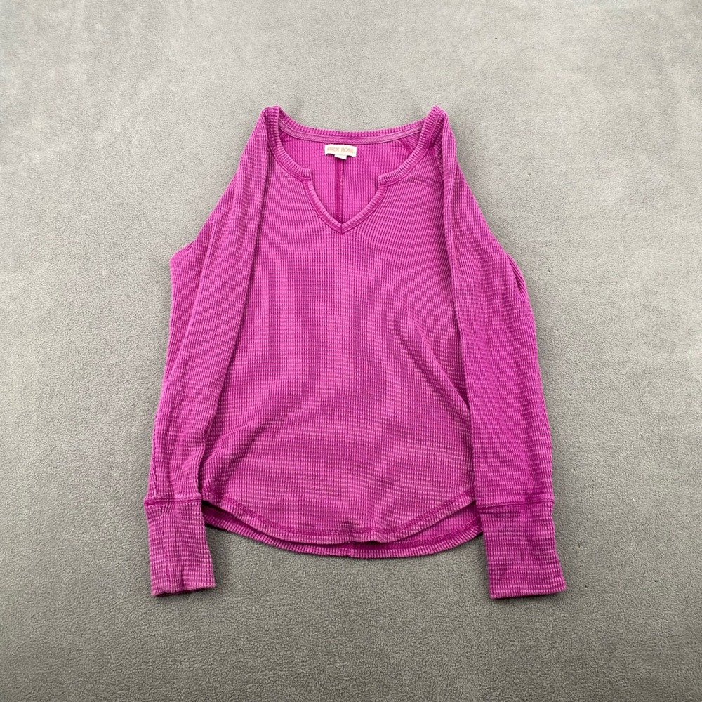 Knox Rose Womens Magenta Pink Waffle Knit Thermal Long Sleeve V-Neck Top Small